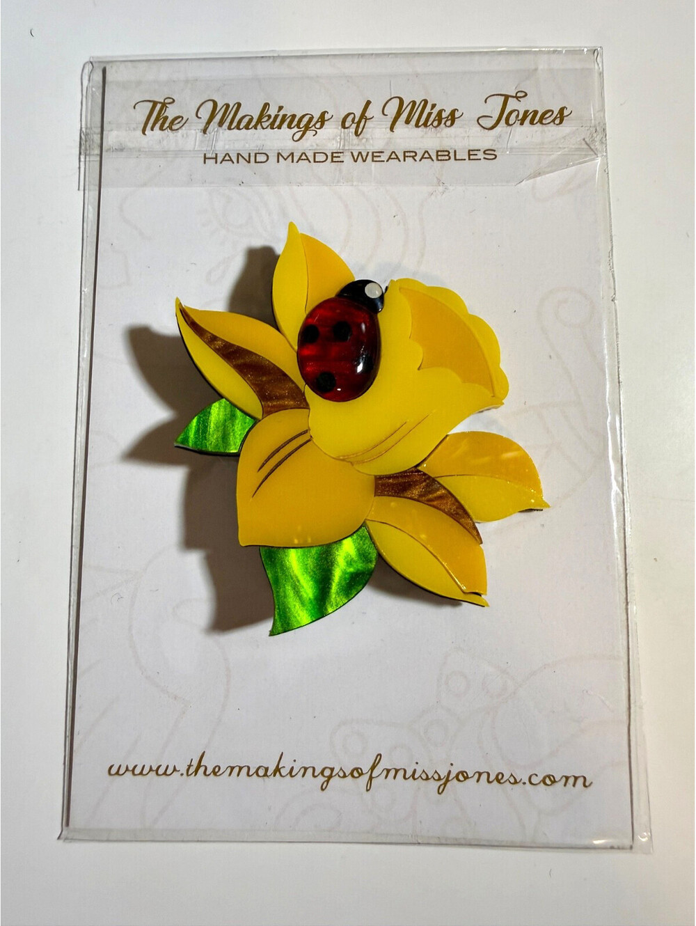 Daffodil Brooch - Makings of Miss Jones Ladybug Yellow Flower Floral Acrylic Pin